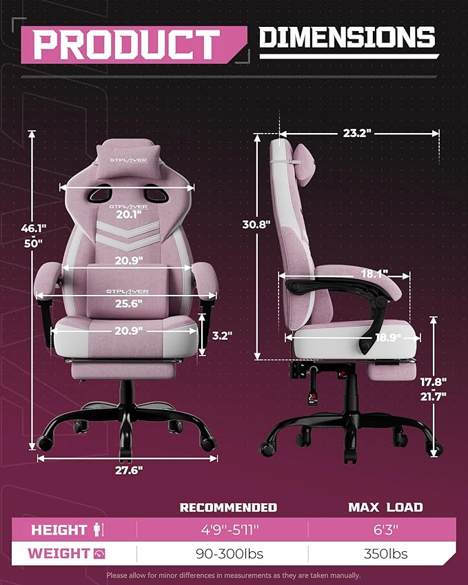 GTPLAYER Gaming Chair Computer Chair with Footrest and Lumbar Support for Adults 360°-Swivel Big &amp Tall Reclining Seat for Office or Gaming (Pink)