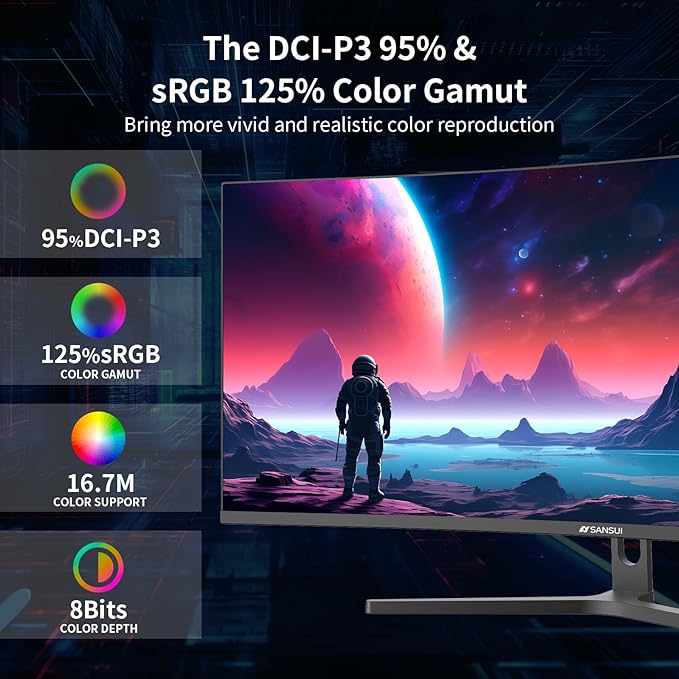 SANSUI 34-Inch Curved Gaming Monitor UWQHD 3440 x 1440 Up to 165Hz Curved 1500R - PIP/PBP 1ms(MPRT) HDR 300nits sRGB 125% DCI-P3 95%FreeSyncHDMIx2DP1.4(Cable Included)