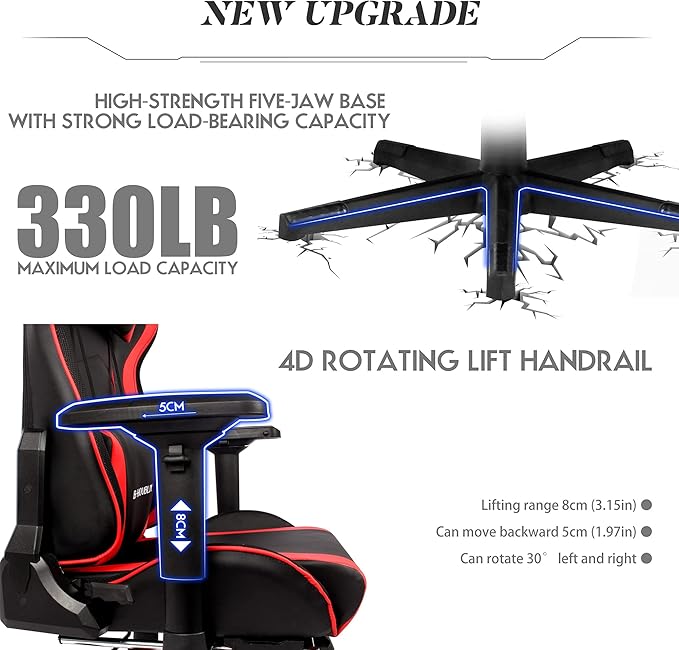 Gaming Chairs for Adults Massage Video Game Chairs with Speakers and RGB Lights Ergonomic High Back Computer Chair with Footrest and 4D Handrail PU Leather 360° Swivel Racing ChairRed