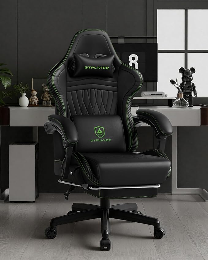 GTPLAYER Gaming Chair for Adults Ergonomic Video Game Chairs Footrest &amp Linkage Armrest Reclining High Back Silla Gamer with Speakers for Home Office Ace Pro Black &amp Green