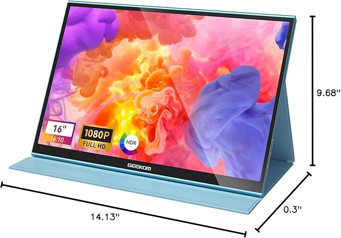 GEEKOM Portable Monitor（2026） 16'' 1200P FHD Laptop Monitor USB C HDMI Computer Display HDR Eye Care External Screen w/Smart Cover for PC Mac Laptop Phone