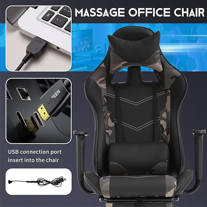 BLKMTY Massage Gaming Chair with Footrest Ergonomic Office Chair Racing Computer Chairs PU Leather with High Back Lumbar Support Headrest Reclining Chairs Camo