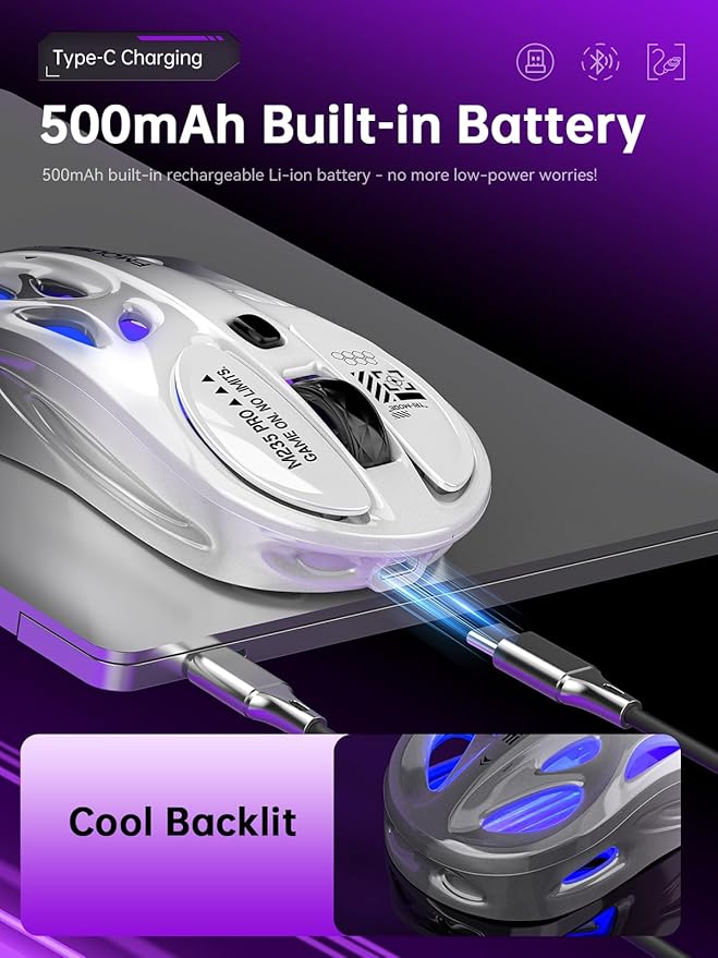 Wireless Gaming Mouse Tri-Mode 2.4G/USB-C/Bluetooth Mouse 800-4800 DPI Ergonomic Optical Mouse Gamer RGB &amp 6 Programmable Buttons 65g Rechargeable for PC/Mac/Laptop