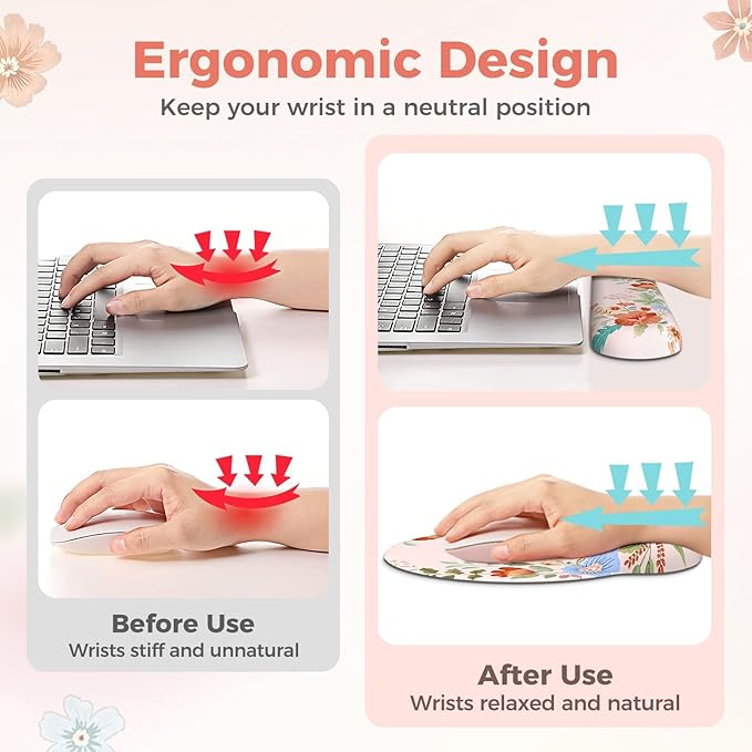 Pink Desk Cover Mat Ergonomic Mouse Pad with Wrist Support Girly Aesthetic Office Stuff Scalloped Floral Desk Protector for Office Must-Haves Work