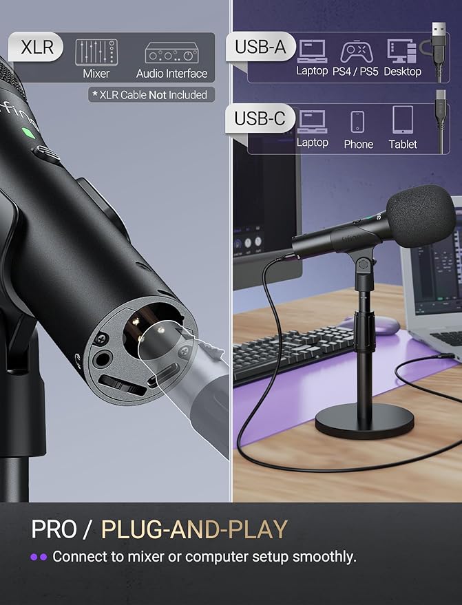 FIFINE USB/XLR Dynamic Microphone for Podcast Recording Studio Handheld Mic Set with Desktop Stand for Vocal Voice Over Streaming Black-AmpliTank TANK2