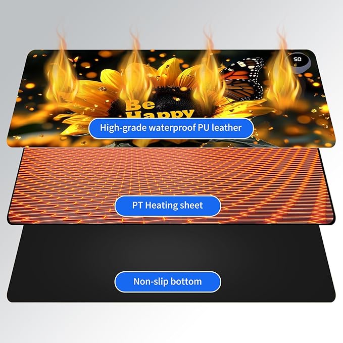 Heated Mouse PadWarm Desk Pad with 3 Levels Heating &amp 3 Hours Auto Shut-Off PU Leather Heated Desk Pad Warmer Pad for Home Office - 23.6 x 14.2 inchLuminous Sunflower Butterfly