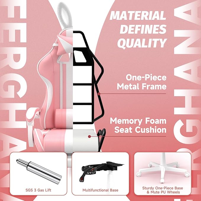 Ferghana Kawaii Pink Gaming Chair with Bunny Ears Ergonomic Cute Gamer Chair with Footrest and Massage Racing Reclining Home Computer Game Chair for Girls Adults Teens Kids