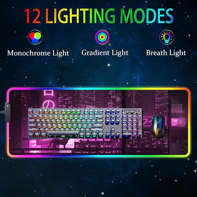 RGB Gaming Mouse Pad Large Mousepad with Led Light Gaming Accessories Keyboard Pad for Desk Non-Slip Rubber Base Big Mouse Mat for Gamer 31.5 X 11.8 Inch Purple Anime