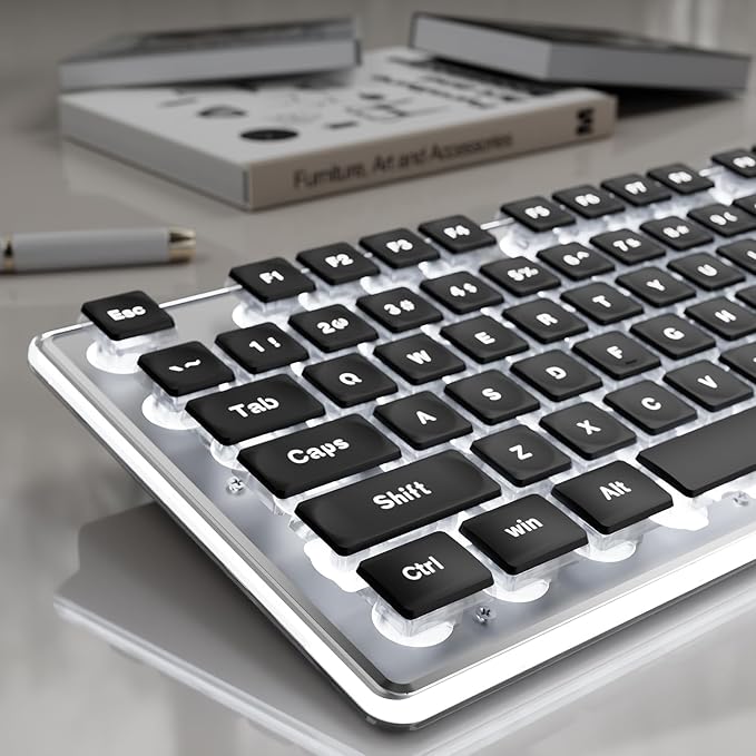 EWEADN GX710S Backlit Computer Keyboards Wired USB Keyboard with White Backlit Metal Panel Plug and Play Pudding Keycaps Full Size Quite Computer Keyboard for Win/PC/Laptop-Black