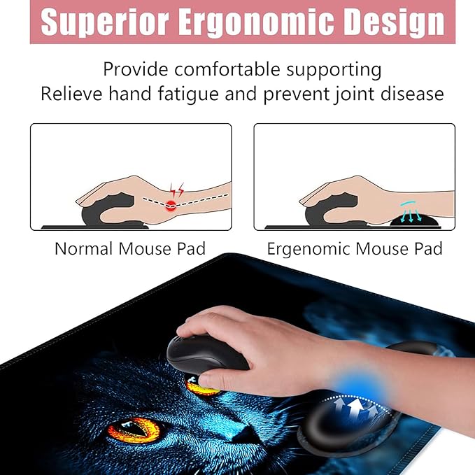 Large Keyboard Mouse Pad Set Extended Mouse Pad+Keyboard Wrist Rest Support Memory Foam Ergonomic Easy Typing 4Pcs (31.5×11.8 in) Desk Pad Set for Office HomeBlack Cat with Glowing Eyes