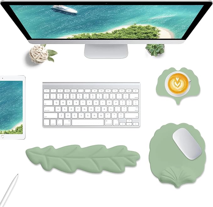 Keyboard Wrist Rest and Mouse Pad with Wrist Support Set Ergonomic Leaf Shape Mouse Pad with Non-Slip Base Pain Relief Memory Foam Mousepad for ComputerLaptopHome Office Green