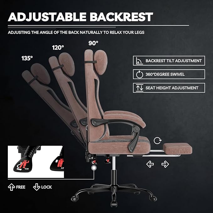 SUKIDA Ergonomic Gaming Chair — Premium Computer Video Gaming Chair with Massage Lumbar Support Adjustable Headrest &amp Footrest Plush Chenille Fabric for Office and Home UseBrown