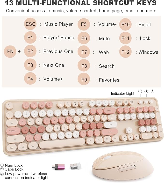Wireless Keyboard and Mouse Full-Size Typewriter Keyboard with Retro Round Keycaps Ergonomic Design Compatible with Windows PCs Ideal for Home and Office. (Milk Tea)
