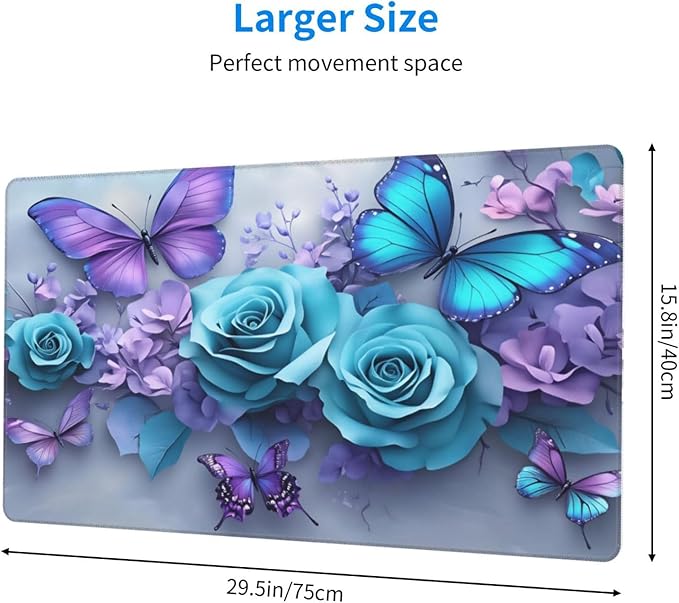 Purple Butterfly Blue Rose Desk Cover MatExtended Large Mouse PadComputer Laptop Mat Desk Decor for Office Game Home 30x16 Inch