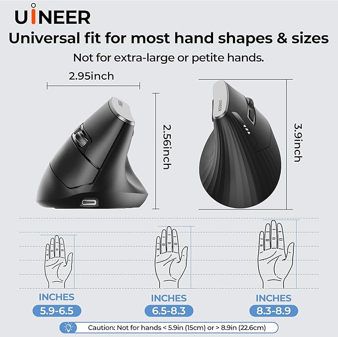 Uineer Wireless Ergonomic Mouse Bluetooth Mice (BT4.0/5.0 and 2.4G) Rechargeable Vertical Mouse 3 Multi-Device Connectivity for Computer/PC/Mac/Laptop Quiet Clicks for Office Gaming Home Black
