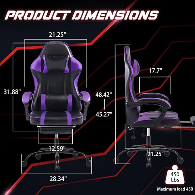 Gaming Chair Ergonomic Office Chair with Linkage Armrests High Back Computer Desk Chair with Retractable Footrest &amp Adjustable Headrest 350 lbs Capacity (Purple)