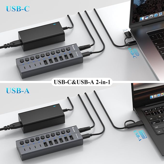 Powered USB Hub 10-Port USB C Hub with 6 USB-A 3.2 4 USB-C 3.2 Ports Individual Switches and 12V/5A Power Adapter Aluminum USB Extension for MacBook Laptop/PC and More.