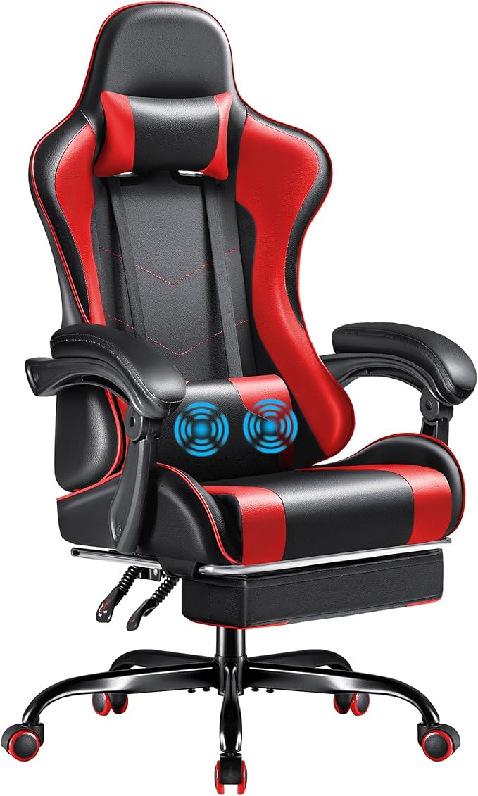 Furmax Gaming Chair Video Game Chair with Footrest and Massage Lumbar Support Swivel Seat Height Adjustable Computer Chair with Headrest Racing E-Sport Gamer Chair (Red)