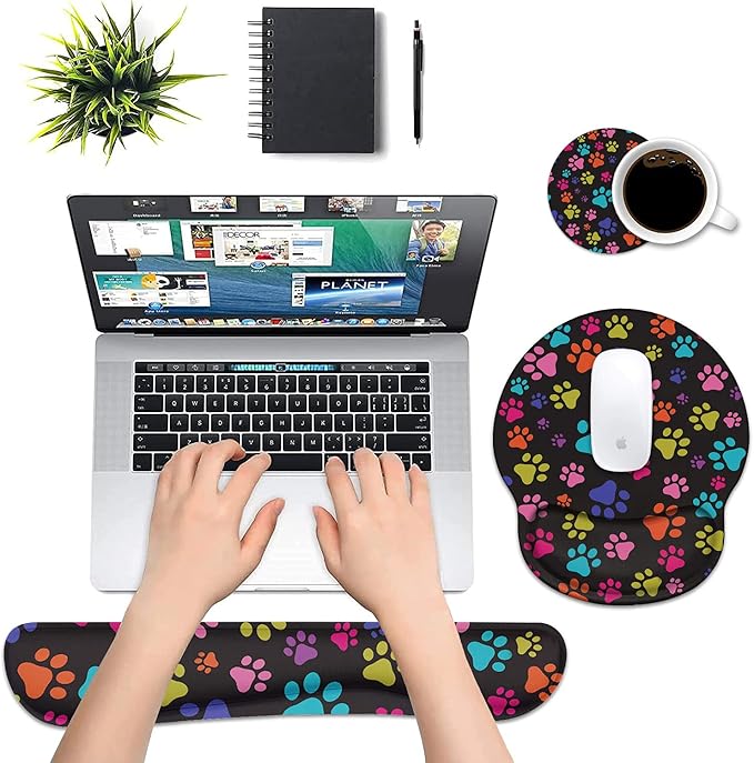Keyboard Wrist Rest and Mouse Pad Wrist Rest Support Set with Coasters Non-Slip PU Base for Gaming and Office Comfortable &amp Lightweight for Easy Typing &amp Pain Relief - Colorful Dog Paw Print