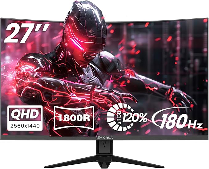 CRUA 27 Curved Gaming Monitor 2k QHD(2560*1440P) VA Screen 1800R 165Hz/180Hz Computer Moniter Supports AMD Freesync 120% sRGB Built-in Speakers Wall Mountable Installs(HDMI 2.0/DP 1.4)-Black