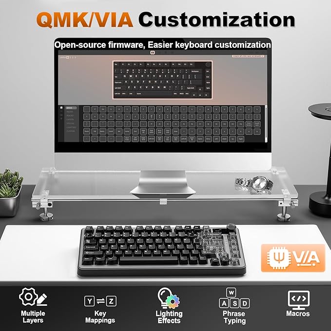 YUNZII B75 PRO MAX QMK/VIA Wireless Mechanical Keyboard75% Layout with Screen and KnobCustom Hot Swap GasketCreamy Pre-lubed SwitchesBluetooth/Type-C/2.4G for Win/Mac (BlackCocoa Cream V2 Switch)