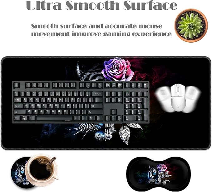 Ergonomic Keyboard Wrist Rest &amp Mouse Pad Wrist Rest SetXL Gaming Desk Mat 31.5x 11.8Non-Slip BaseMemory FoamEasy Typing Pain Relief for Office &amp HomeTiger Skull Dual Face