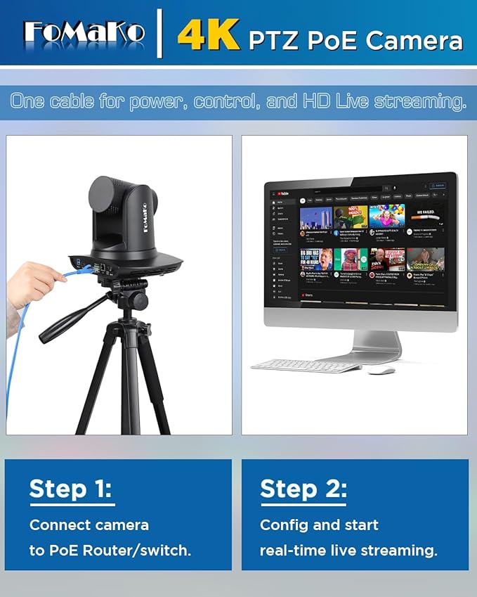 FoMaKo 4K PTZ Camera HDMI NDI AI Auto-Tracking Gen 3 20X Optical Zoom PTZ Camera 4K for Church Worship(Support NDI 6 &amp NDI HX3) K20UH NDI VersionBlack