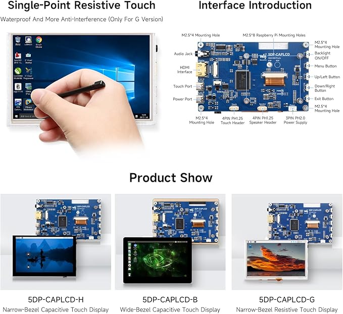 waveshare 5inch High-Brightness Touch Screen Compatible with Raspberry Pi 5/4B/3B/Zero/Zero W/Zero 2W/Pico/Pico W/Pico WH Supports Windows 11/10/8.1/8/7 &amp Jetson Nano Narrow-Bezel Resistive Tou