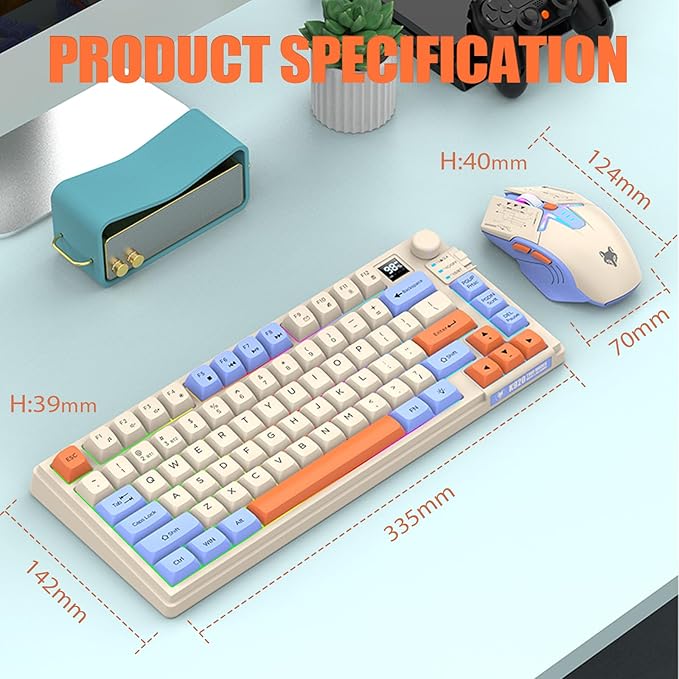 75 ％ Wireless Gaming Keyboard and Mouse Combo Tri-Mode BT5.0/2.4GHz/USB-C RGB Backlit Keyboard + 3D 1600DPI Mice 2000mAh Battery 80 Keys Knob Volume Control (Blue)