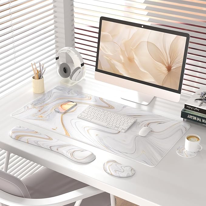 QiyI Leather Desk Mat Set 4-in-1 Large Mouse Pad with Wrist Rest Non-Slip Desk Pad + Keyboard Wrist Rest + Mouse Wrist Support + Coaster Office Desk Accessories Home Decor Supplies Marble Stripes
