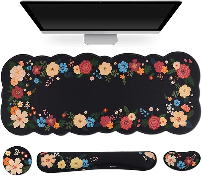Petmolico Ergonomic Wrist Pad Set 4 in 1 with Computer Keyboard Desk Gaming PadMouse Pad with Wrist RestTyping Wrist Support and Cup CoastersNon-Slip PU Base [BlackFloral Hoop]