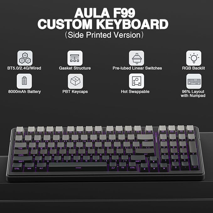 AULA F99 Wireless Mechanical KeyboardGasket Structure Hot Swappable Custom KeyboardRGB BacklitCreamy SoundSide Printed PBT Keycaps2.4GHz/USB-C/BT5.0 Computer Gaming Keyboards