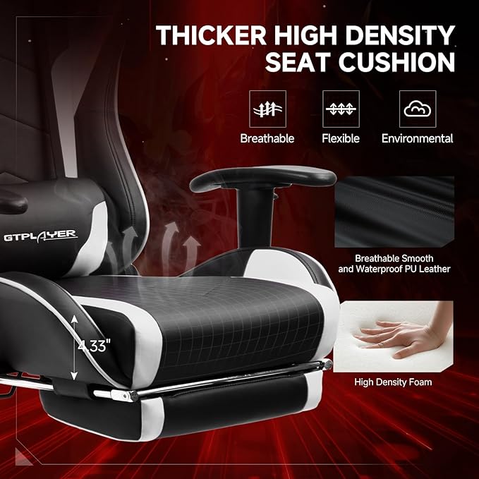 GTPLAYER Gaming ChairGamer Chair with Bluetooth and Adjustable BackrestSeat Height Adjustable Computer Chairs with 3D ArmrestsVideo Game Chair with Footrest Speakers (White)