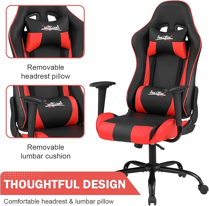 BLKMTY Gaming Chair Office Chairs High Back Computer Leather Desk Chair Racing Executive Ergonomic Adjustable Swivel Task Chairs with Headrest and Lumbar Support Red