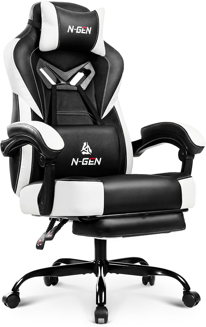 N-GEN GAMING Video Gaming Chair Big and Tall Office Computer Desk Chairs with Ergonomic Lumbar Support High Back Recliner and Footrest for Adults (White)