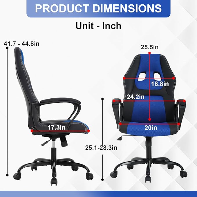 Gaming Chair PU Leather Chairs Ergonomic Office Chair Executive Computer Chairs High Back Computer Task with Lumbar Support Adjustable Height Blue