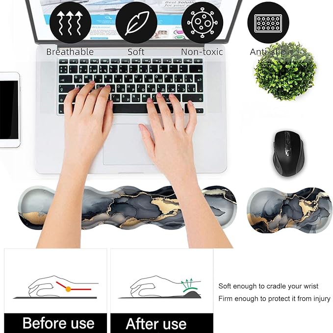Bxgolkgd Desk Mat SetMouse Pad with Keyboard Wrist Rest &amp Mouse Wrist RestWave-Shaped DesignNon-Slip Rubber BaseErgonomic Desk Mat for HomeOfficeGamingMarble