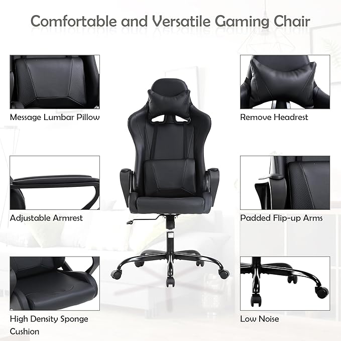 Gaming Chair High Back PU Leather Gaming Chairs Computer Chair with Armrest Headrest and Lumbar Support for Kids Teen Adults Men Women Height Adjustable Gamer Chair Computer Chairs for Adults