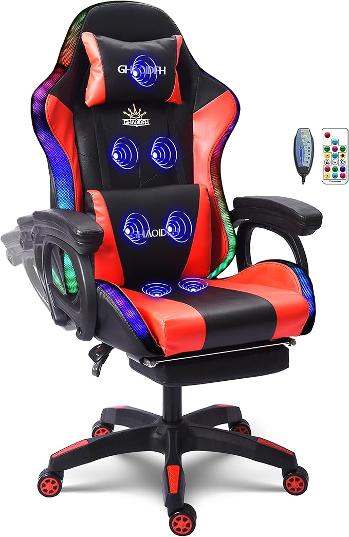 TBQATNTS Ergonomic Gaming Chair with Massage and Speaker Gaming Chair with Footrest Headrest and Lumbar Support Racing Chair with RGB Lights Gaming Chair for KidsGaming Chair for Adults.Red