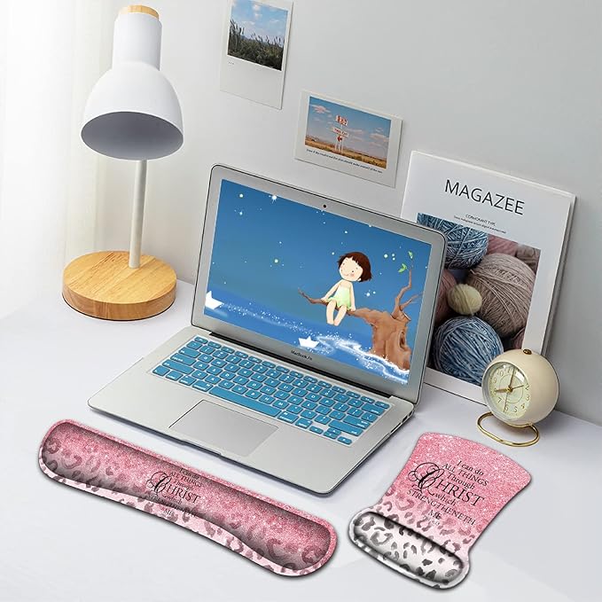 Mouse Pad Wrist Support and Memory Foam Keyboard Wrist Rest Set Ergonomic Gel Mouse Pad for Computer Laptop Desk Pad with Non Slip PU BasePink Leopard Print Pattern Gaming Mouse Pad
