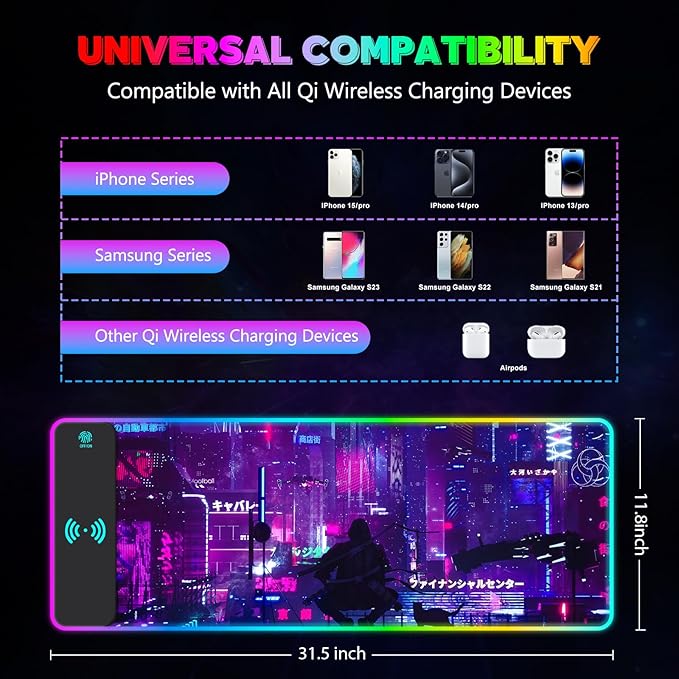 RGB Mouse Pad with 15W Wireless Charging Purple Anime Neon Extended Large LED Gaming Mouse Pad Non-Slip Rubber Base 10 Light Modes Desk Pad for Home Office-Warrior Cat