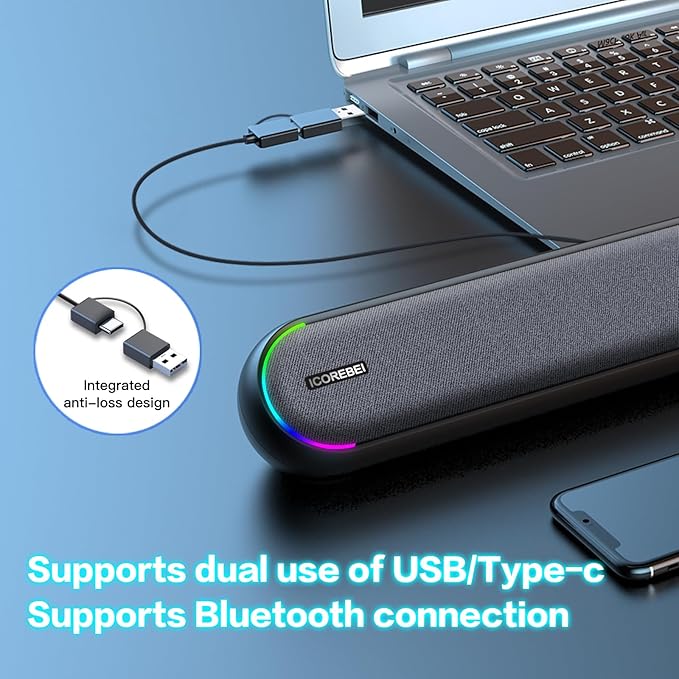 Desktop Computer Speakers Stereo Soundbar Bluetooth 5.3 USB/Type-C Power and Audio Transmission Plug-and-Play Compatible with PC Mac Laptops Monitors RGB Lighting Wired Gaming Speakers