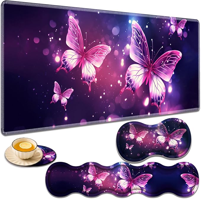 Gaming Mouse Pad Set Large Gaming Mouse Pad+Keyboard Wrist Rest+Mouse Wrist Rest+Coaster Easy Typing Pain Relief 31.5 × 11.8 inch Desk Mat for Home Office - Pink Purple Butterfly