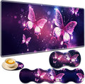 Gaming Mouse Pad Set Large Gaming Mouse Pad+Keyboard Wrist Rest+Mouse Wrist Rest+Coaster Easy Typing Pain Relief 31.5 × 11.8 inch Desk Mat for Home Office - Pink Purple Butterfly