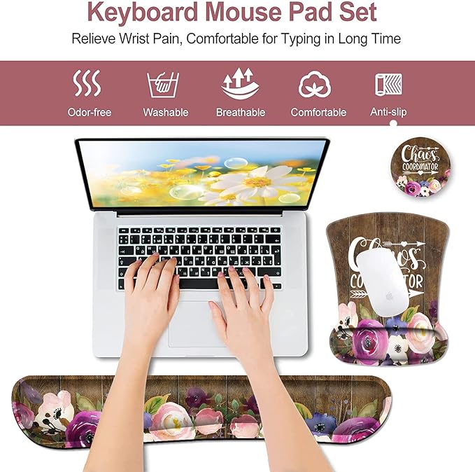 Mouse Pad Wrist Guard and Keyboard Wrist RestOffice Desk Accessories Chaos Coordinator Quotes Vintage Watercolor Floral Mouse Pad Office Decor for Women Office Gifts Desk Decor