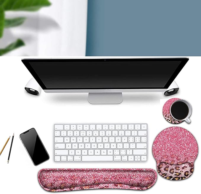 Ergonomic Mouse Pad Gel Wrist Support and Memory Foam Keyboard Wrist Rest Set for Gaming Computer Office Laptop Easy Typing Wireless Mouse Mat Pink Glitter Leopard Pattern Office Desk Pad