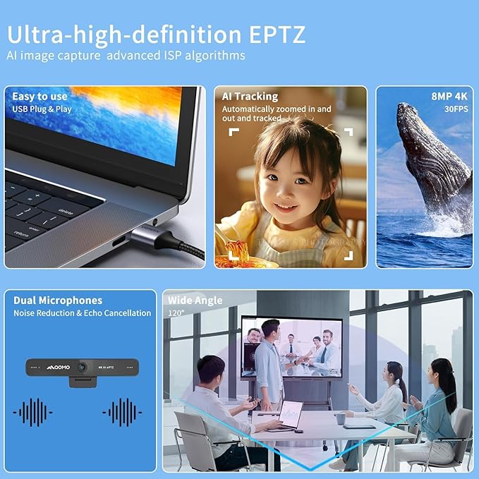 4K Webcam ePTZ Conference Camera with Microphone Ai Face Tracking120°FOV Computer CameraUSB Plug and Play Webcam for Mac/PC/Laptop Zoom/Skype/Facetime/Google Meet/Video Conferencing