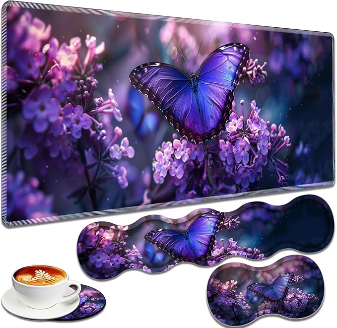 Large Gaming Mouse Pad + Keyboard Wrist Rest + Wrist Support + Coaster Set Memory Foam Ergonomic for Easy Typing XXL Extended Gaming Mouse Pad Table Pad - Purple Butterfly