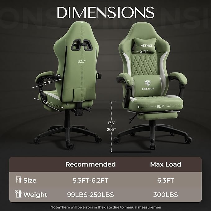 Gaming Chair Fabric with Pocket Spring Custion Ergonomic High Back Video Game Chair with Footrest Massage Lumbar Support Height Adjustable Comfy Computer Chair for Adults Game Green