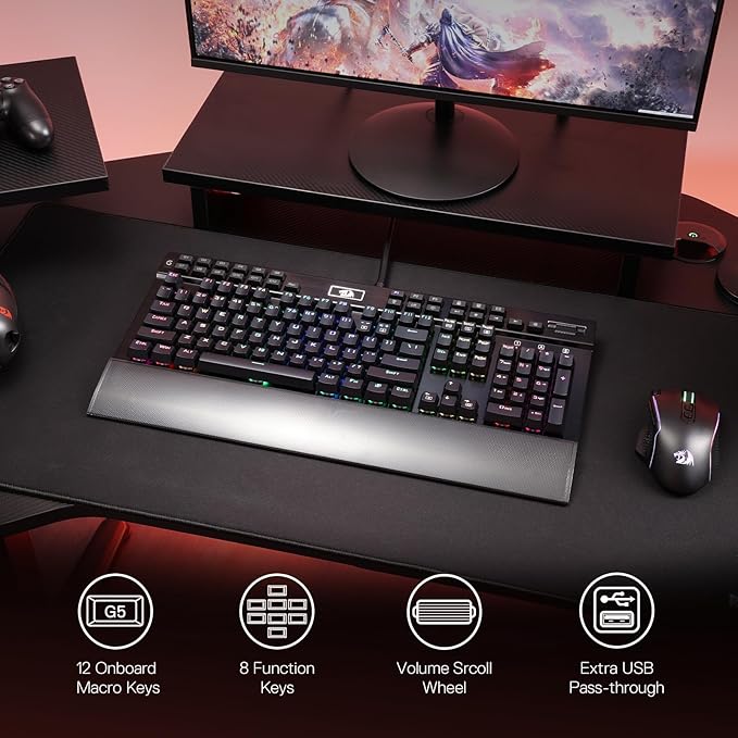 Redragon K550 RGB Gaming Keyboard 104 Keys + 12 Macro G Keys Wired Mechanical Keyboard w/Aluminum Top Plate Custom Clicky Purple Switch Extra USB Port &amp Wrist Rest
